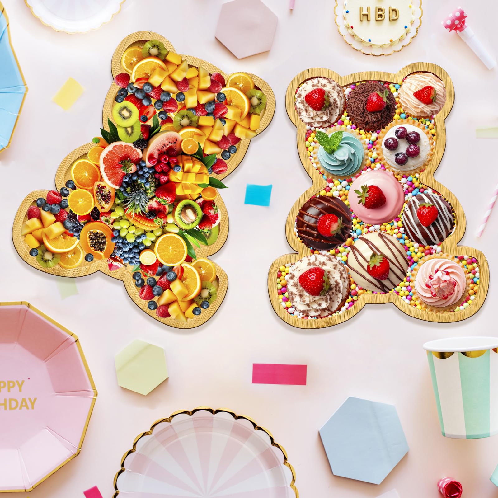 2pc Charcuterie Board Platter Bear Baby Shower Food Trays Wooden Trays Decorative Platter Wood Charcuterie Board Tray Large Serving Tray Fillable Box for Food Snack Fruit Birthday Party