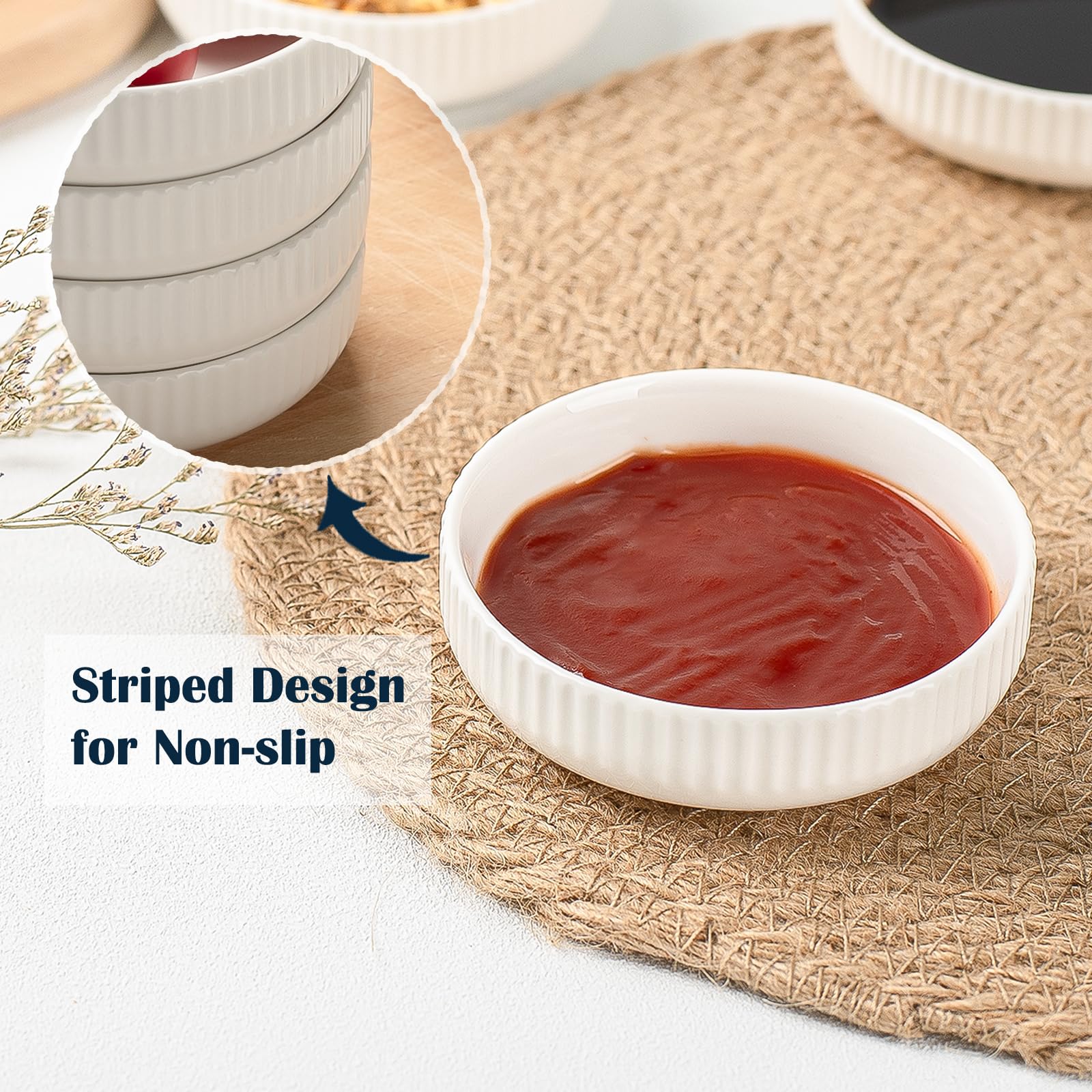 KOBIKOBI 3 Oz 8 Pack Dipping Bowls Set - Ceramic Dipping Sauce, Soy Sauce Dish, Side Dish, Small Serving Bowls for Kitchen, BBQ, Condiments, Appetizer, Dessert, Sushi, Party - White Japanese design