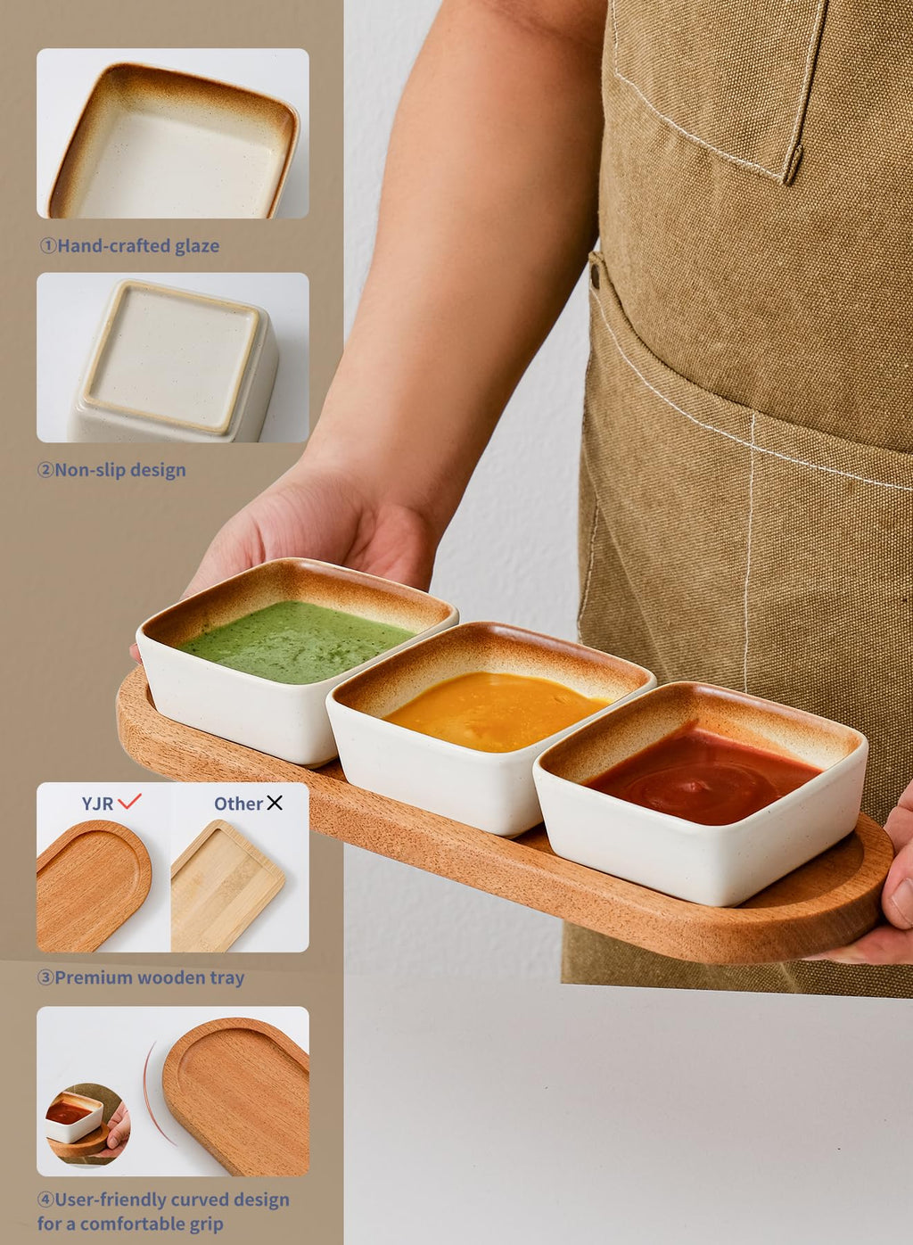 YJR Chip and Dip Serving Set, 3 pcs Ceramic Dipping Bowls with Wooden Tray, 3.5 Inch Small Serving Bowls for Side Dishes, Condiments, Dipping, Pre, Salsa, Entertaining, Party, Buffets, Mocca