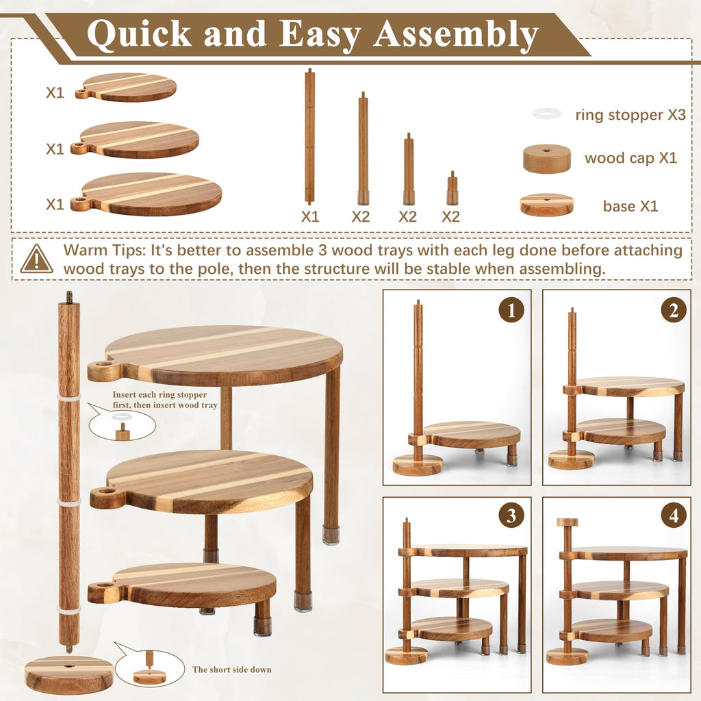 GEHE 3 Tier Round Cupcake Stand, 360° Rotatable Acacia Wood Cake Stand Cupcake Tower, Rustic Wooden Tiered Dessert Table Display Set, Tiered Tray Stands for Birthday, Wedding Party