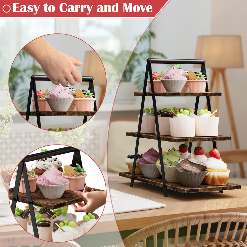 2 Pack Wooden Cupcake Stand 3 Tier Dessert Display Holder Rustic Cupcake Tower Stands for 50 Cupcakes, Rectangle Tiered Cake Serving Tray for Birthday Party, Wedding, Anniversary