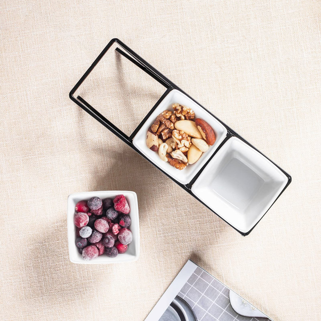UNICASA Square Ramekin Bowls 10 oz, Condiment Serving Tray with Metal Rack Stand - Chips and Dips Snack Tray for Party - White Side Dish for Appetizer, Fruit, Nuts, Ice Cream, Candy