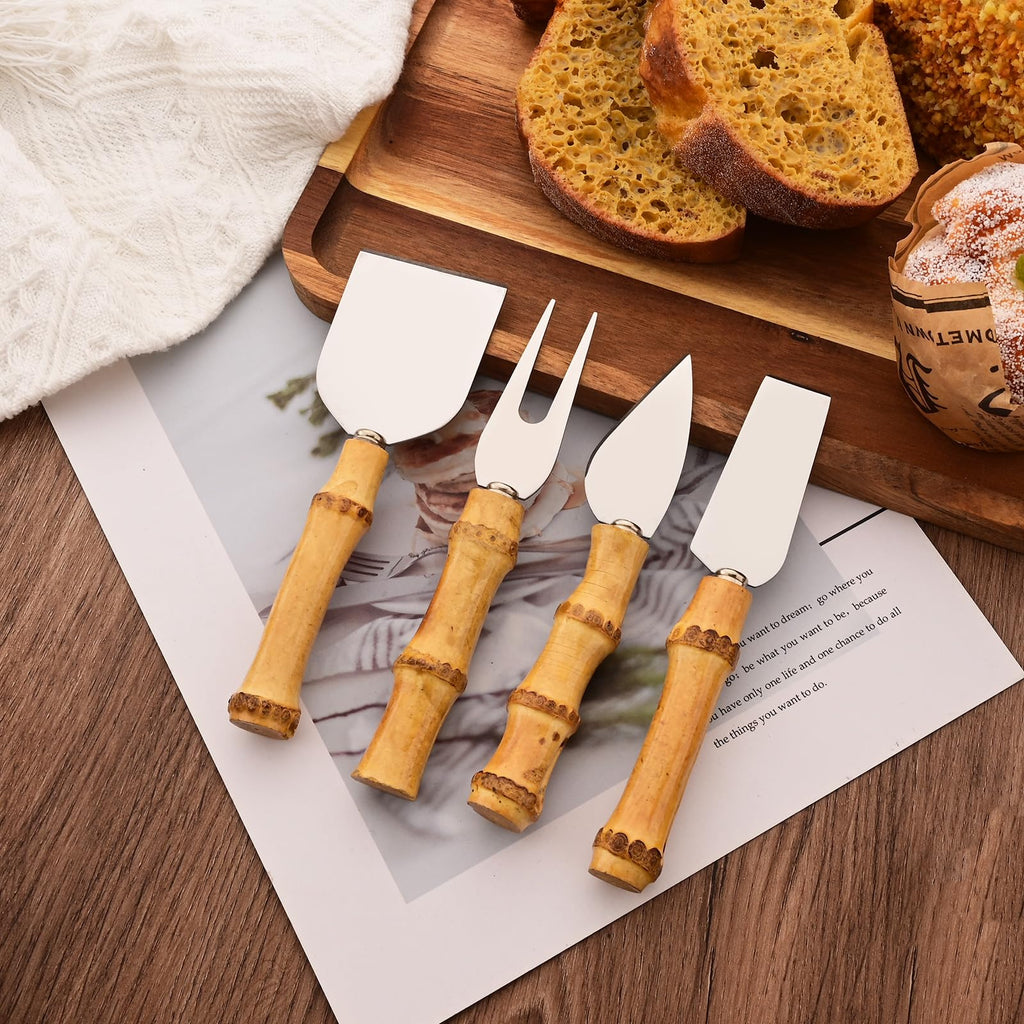 Uniturcky Bamboo Cheese Knife Set, 8-Piece Steel Stainless Cheese knife Set with Bamboo Handle, Mini Cheese Cutter, Cheese Fork, Cheese Slicer, Spreader, For Party, Travel and Kitchen