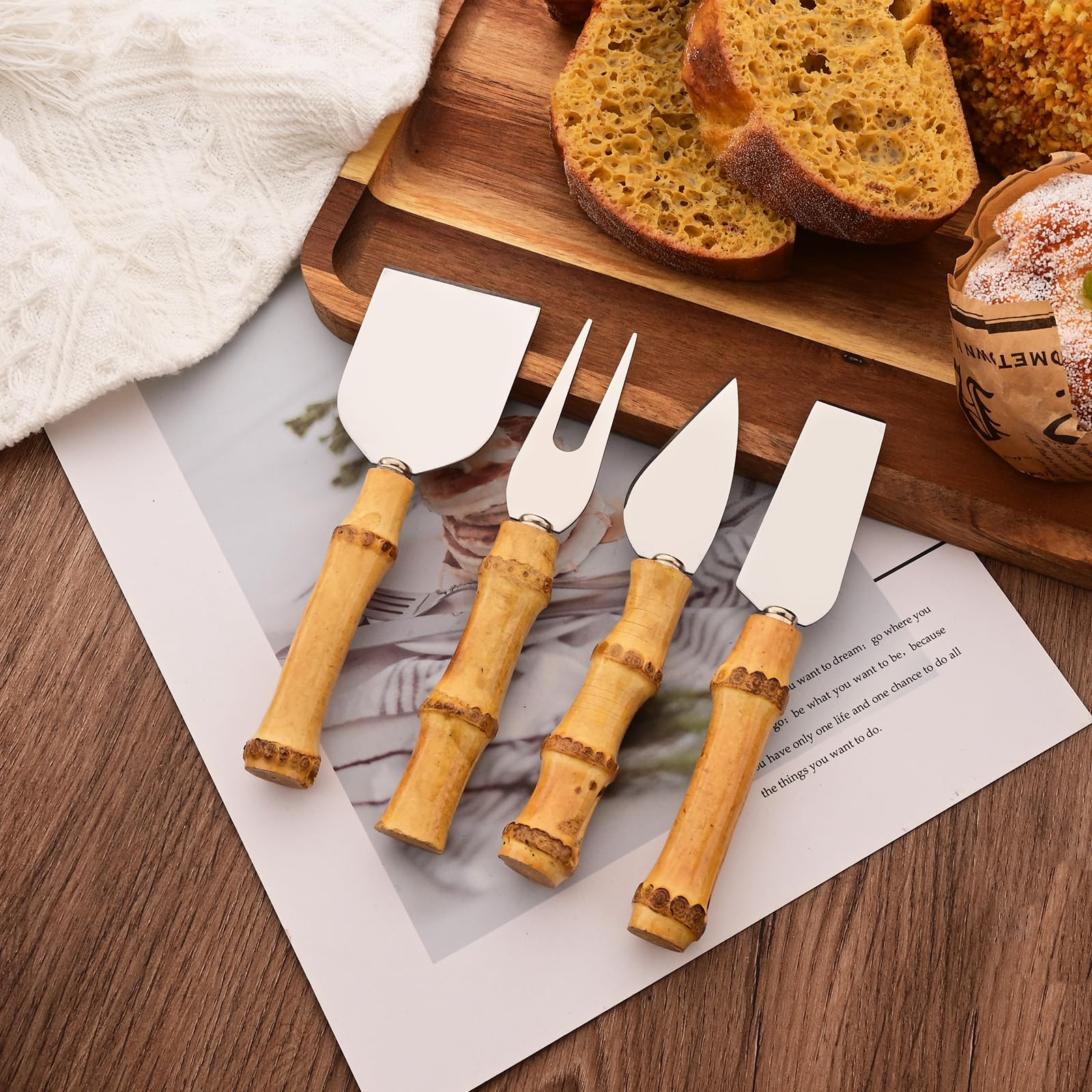 Uniturcky Bamboo Cheese Knife Set, 8-Piece Steel Stainless Cheese knife Set with Bamboo Handle, Mini Cheese Cutter, Cheese Fork, Cheese Slicer, Spreader, For Party, Travel and Kitchen