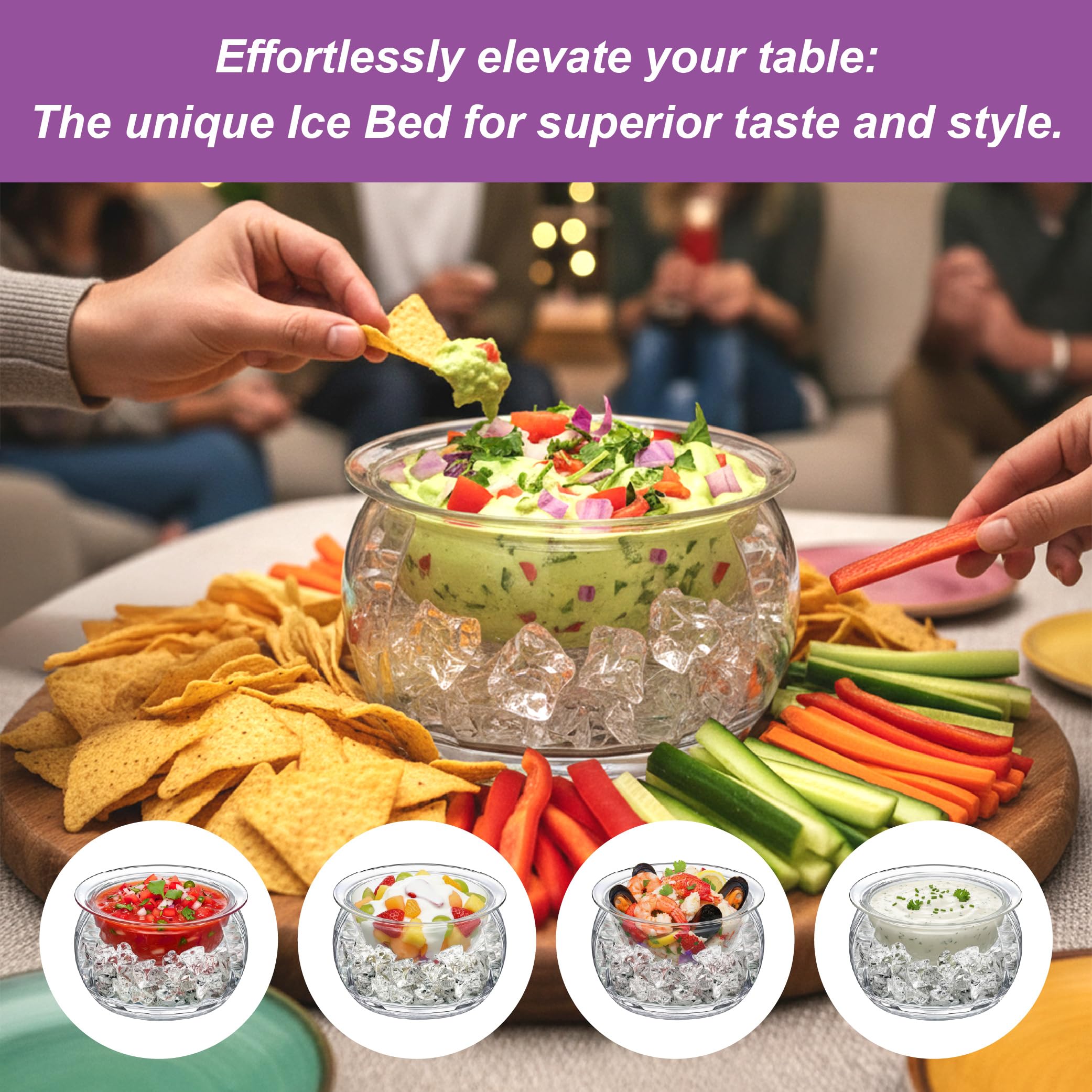 Amazing Abby - Ice Bed - Acrylic Chilled Dip Server Bowl with Ice Chamber (1-Pack), Clear Plastic Iced Serving Bowl, Keeping Dips and Condiments Cold and Fresh for Party, Picnic, Outdoor Dining