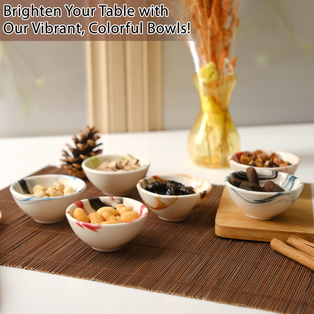 Small Ceramic Bowls Set of 6 | 3 oz Pinch Bowls for Dipping, Cooking Prep, and Charcuterie | Ideal for Snacks, Desserts, Side Dishes, Tapas, Nuts, and Ice Cream | Handmade Serving Dishes (Marble)