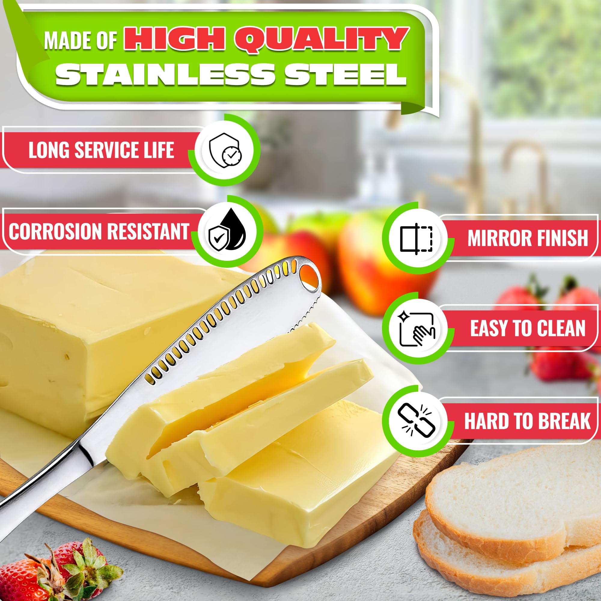 2 PCs Butter Knife Spreader – 3 in 1 Stainless Steel Butter Knives with Grater Blade and Holes for Spreading and Slicing – Cheese Spreader Knives with Corrosion-Resistant Finish and Easy-Grip Handle
