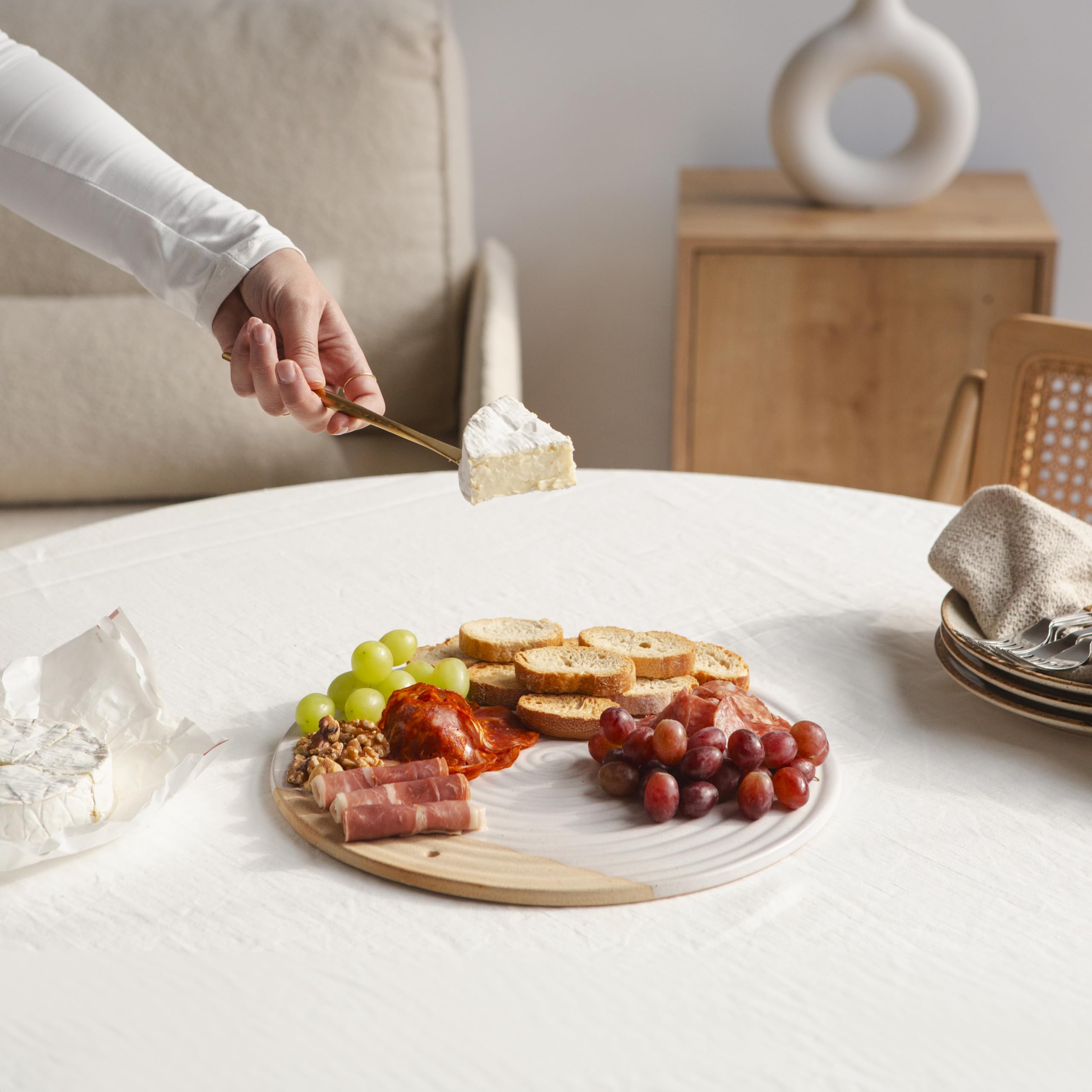 Amarcado Premium Ceramic Serving Platter, White - 12” Round - Dishwasher Safe, Oven Safe Appetizer Tray for Entertaining - Large Charcuterie Cheese Board Serving Dish Gift - Pizza Stone