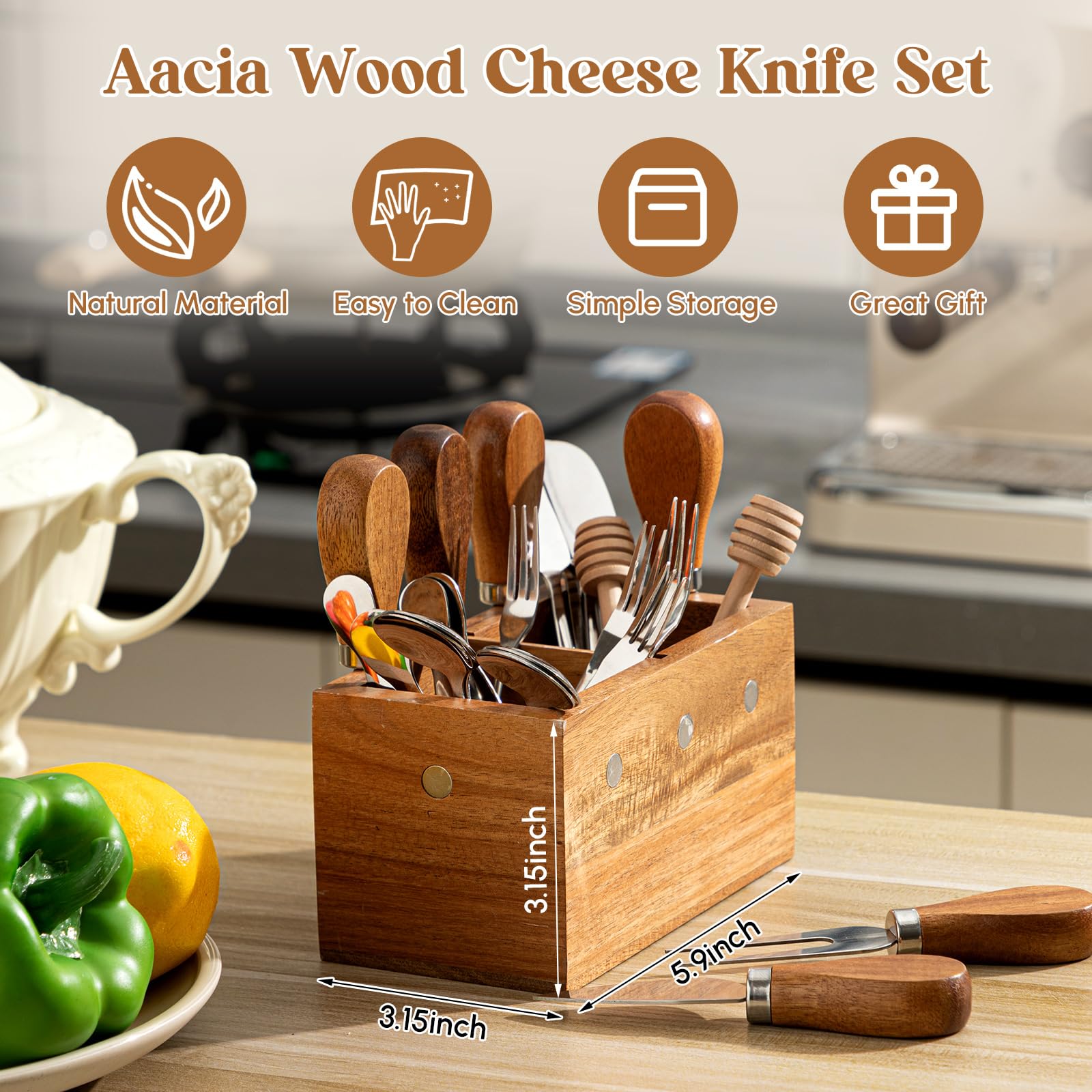 Hushee 44 Pcs Charcuterie Boards Accessories with Magnetic Acacia Wood Holder Wooden Cheese Knife Set for Wood Handle Knives for Cheese Knife Slicer with Tongs, Spoons, Forks, Honey Dipper (Style 2)
