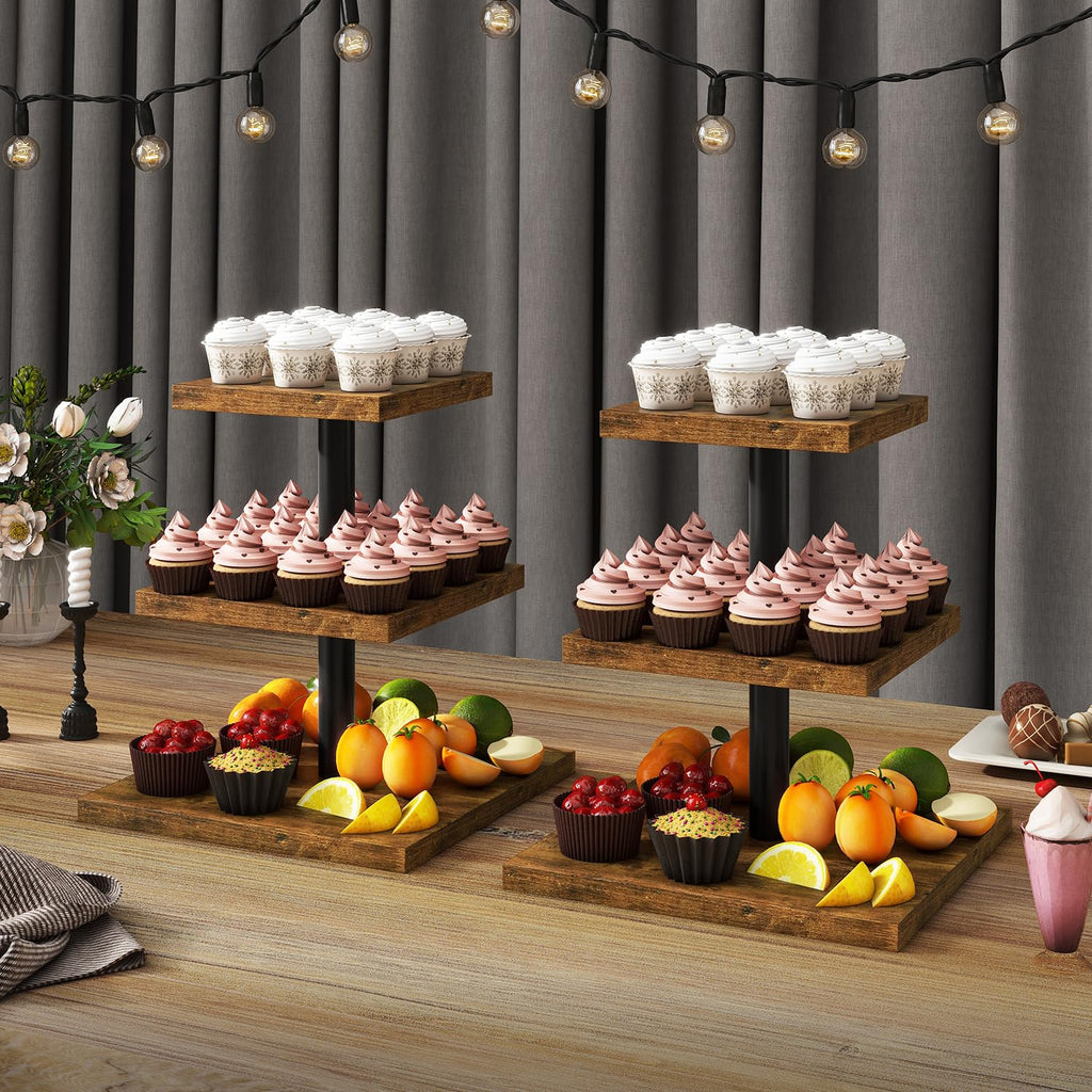 IBUYKE 3 Tier Cupcake Stand,Set of 2,Cupcake Tower,Square Serving Dessert Display Stand,Cupcake Tray Stand,Dessert Tree Tower for Christmas Birthday,Home Party, Wedding,Rustic Brown UTLJ014H-2
