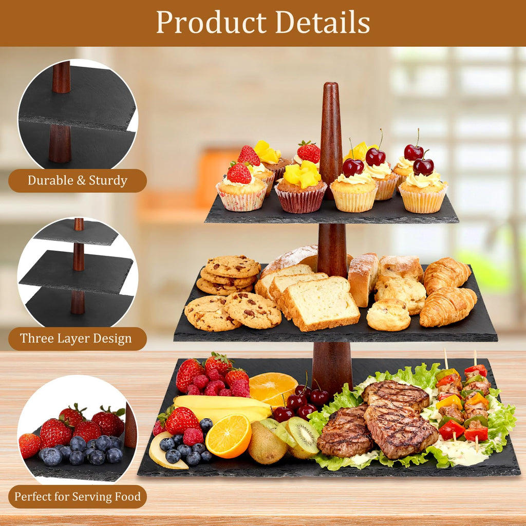 3 Tier Serving Tray Stand, Square Slate & Acacia Wood Tiered Display for Desserts, Appetizers, Cupcakes - Rustic Modern for Weddings, Parties, Christmas