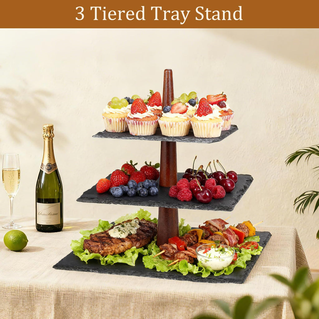 3 Tier Serving Tray Stand, Square Slate & Acacia Wood Tiered Display for Desserts, Appetizers, Cupcakes - Rustic Modern for Weddings, Parties, Christmas