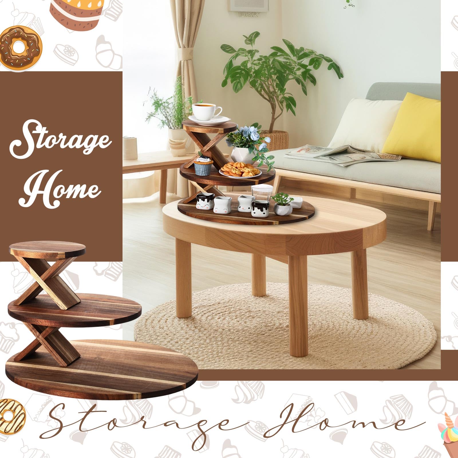 Cinnvoice 4 Pcs Large Cupcake Stand and Wood Serving Platters Set, 3 Tier Round Wooden Cupcake Tower Stand 1 Round Tray 2 Rectangular Wooden Serving Tray for Wedding Birthday Party Dessert Display