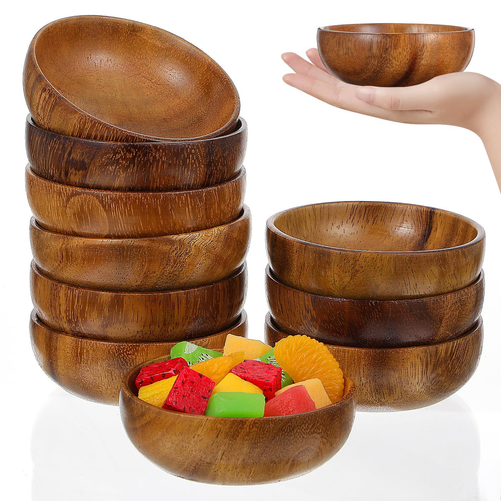 JIEYAO 10 Pcs 3.9" Acacia Wood Bowls, Small Wooden Salad Bowls Hand Carved Sauce Dipping Bowls Mini Calabash Dip Tray for Serving Popcorn Pasta Candy Coconut Nuts Sauce Appetizers