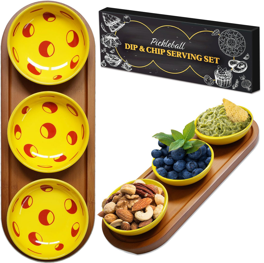 DWATAN Pickleball Snack Serving Tray, Pickleball Lover Gifts for Women Men, Ceramic Dipping Bowls with Wood Charcuterie Board, Birthday Party Decoration Accessories for Taco Sauce, Dessert, Salsa