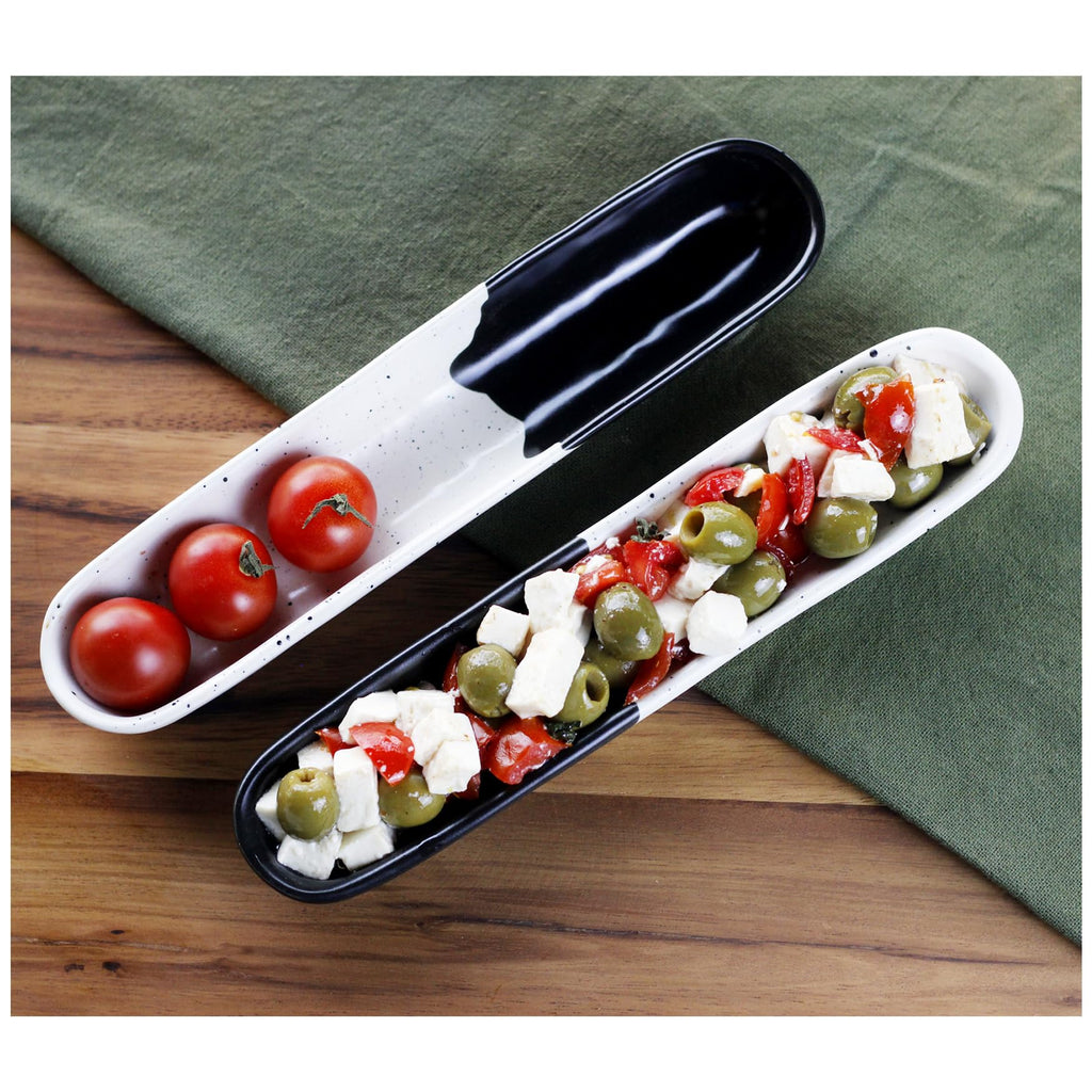 roro Black and White 9-Inch Long Ceramic Olive Tray - Set of 2 | Handcrafted Speckled Stoneware for Charcuterie, Olives, Nuts, Sauces, and Small Appetizers