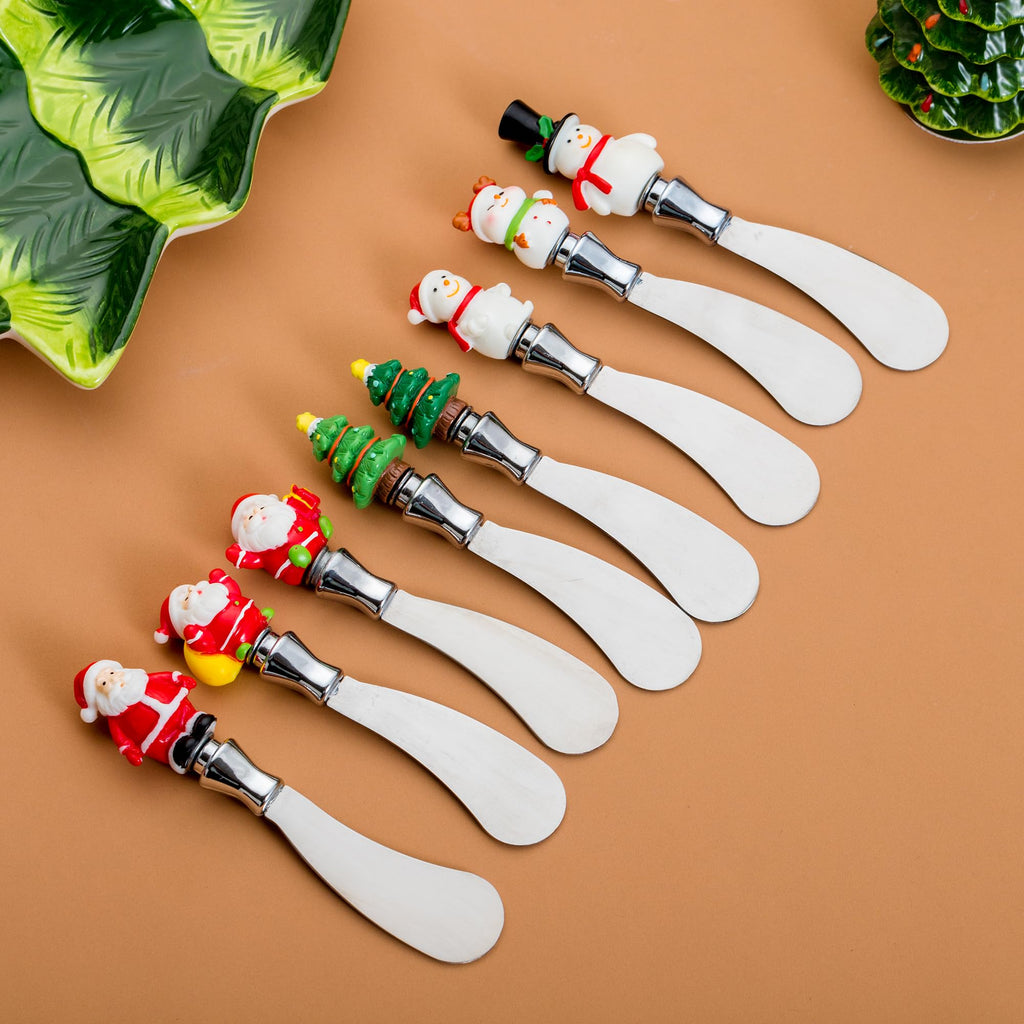 HPYNPES Christmas Cheese Spreaders Set of 8 – Holiday Resin Hand-Painted Handles with Stainless Steel Blades – Festive Butter Knives for Cheese, Jam, Spreads – Christmas Party Appetizer Serving Decor