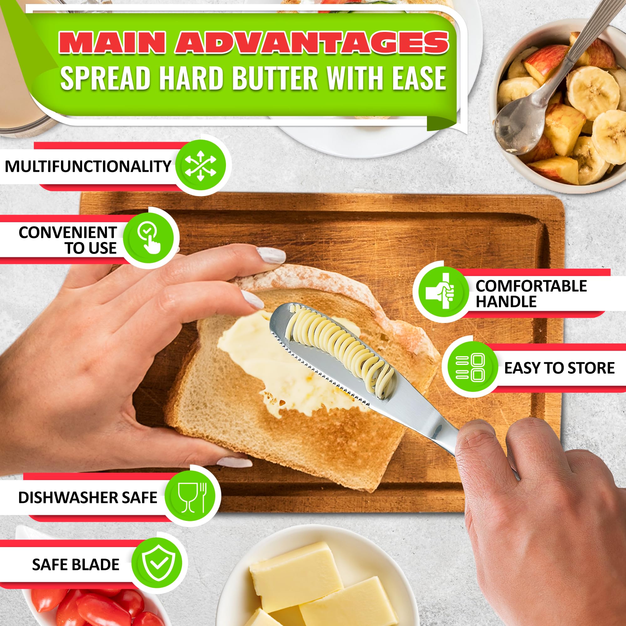 2 PCs Butter Knife Spreader – 3 in 1 Stainless Steel Butter Knives with Grater Blade and Holes for Spreading and Slicing – Cheese Spreader Knives with Corrosion-Resistant Finish and Easy-Grip Handle