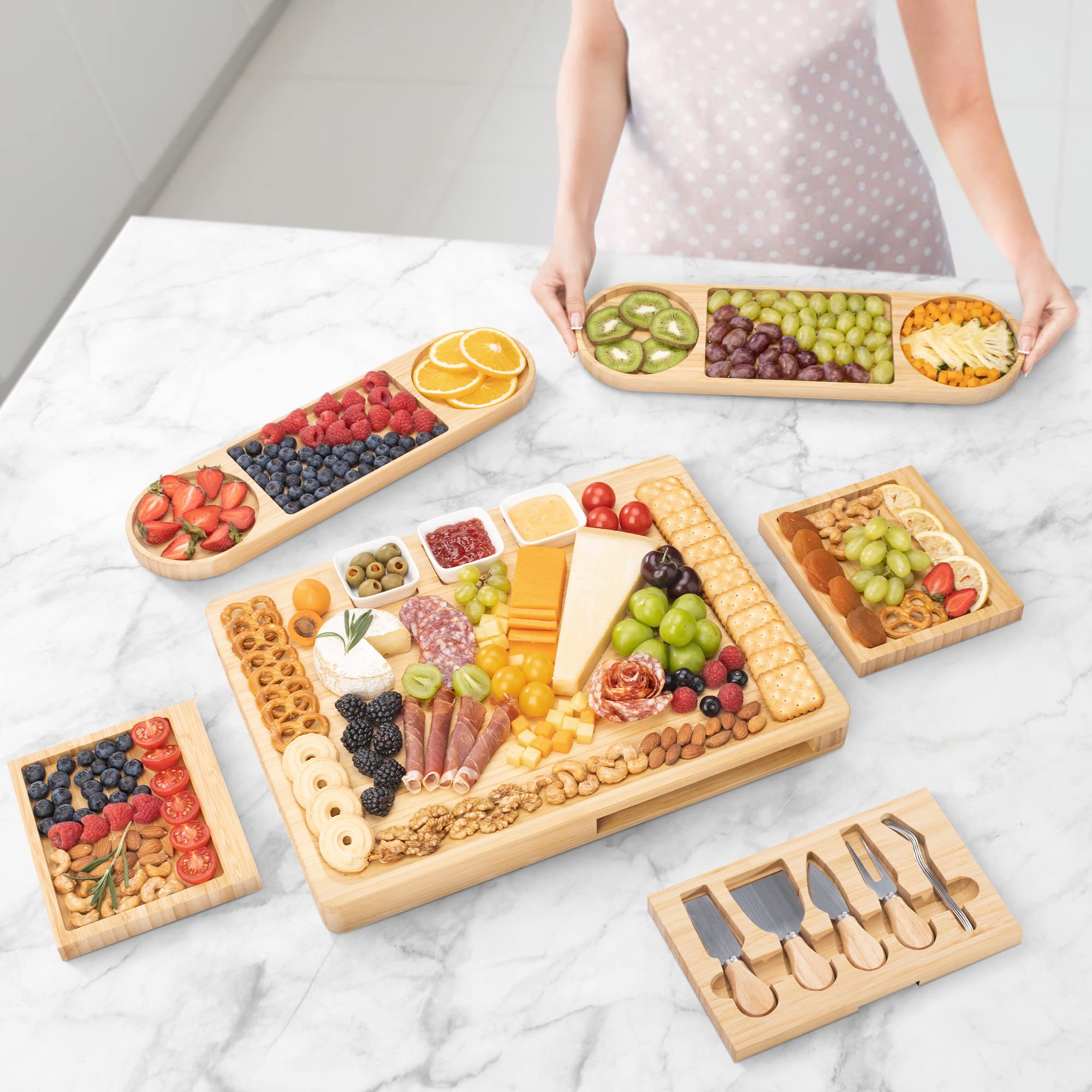 Charcuterie Board Set - FamRica Extra Large Cheese Board with 2 Drawers Bamboo Cheese Tray Serving - Unique Wedding Housewarming Birthday Gifts