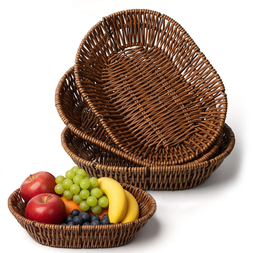 3 Pack Wicker Baskets, 11 Inch Woven Bread Baskets Sets, Handwoven Food Serving Basket, Wicker Bread Basket, Woven Tabletop Fruit & Vegetable Storage Bins for Home, Restaurant, Bakery