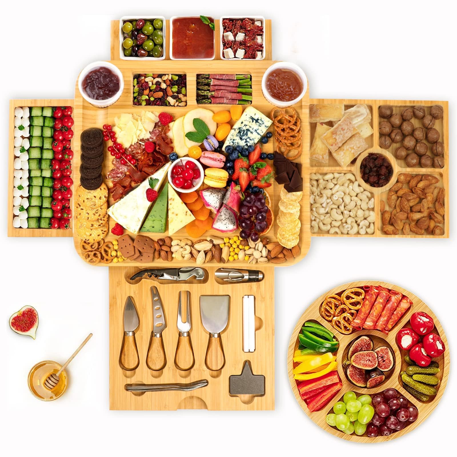 Charcuterie Boards Gift Set Bamboo Cheese Board and Knife Set, Cheese Tray Magnetic Charcuterie Boards Set, 15 x 13 x 2 Inch for Cheese Meat Fruit Gift for Birthdays Wedding Registry Housewarming