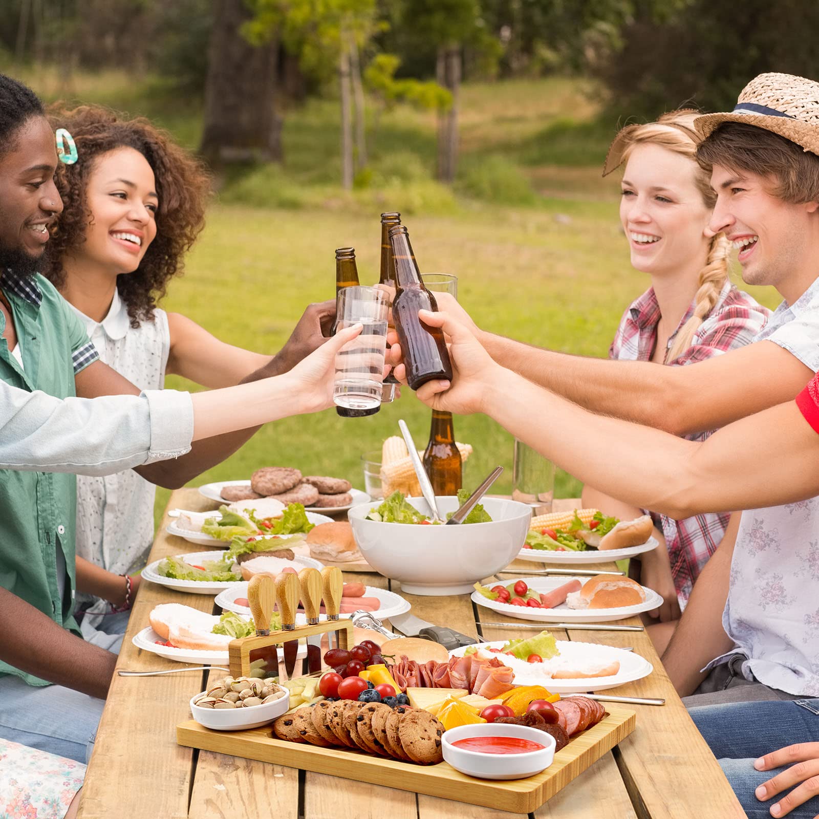 Bamboo charcuterie boards Gift Set - Serving Meat Cheese Board, Charcuterie Board Set with 4 Stainless Steel Cheese Knife, Ideal for House Warming Gifts New Home, Christmas, Bridal Shower Gift