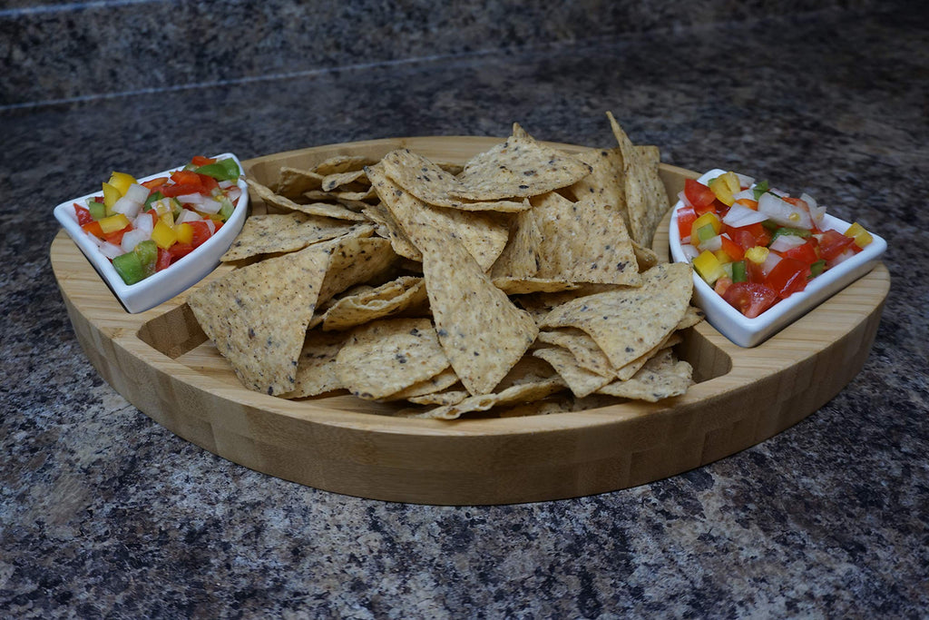 Prairie Collections Football Shaped Bamboo Serving Tray (10" x 16" x 2.5”) Includes 2 Dip Trays - Large Chip Serving Dish for Parties