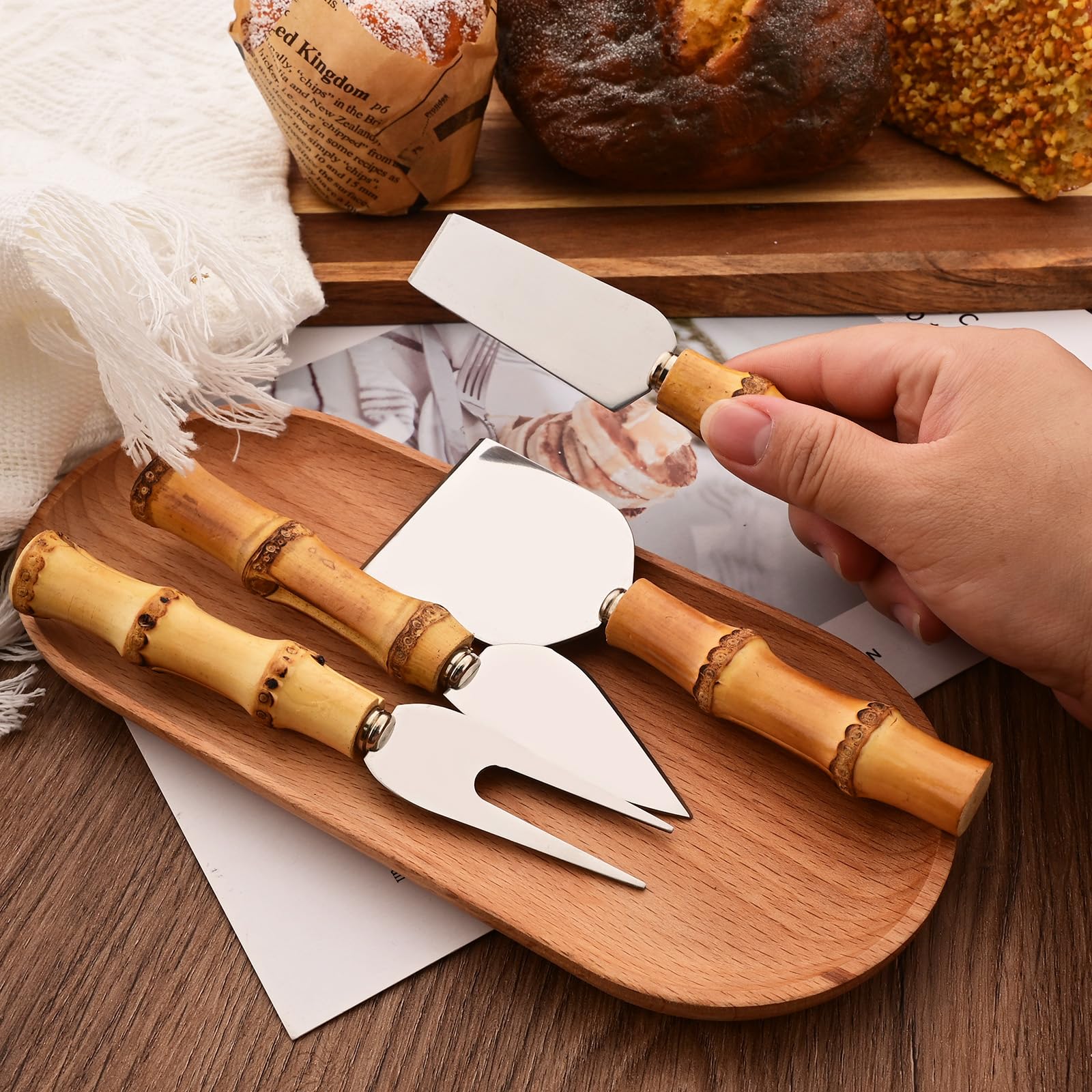 Uniturcky Bamboo Cheese Knife Set, 8-Piece Steel Stainless Cheese knife Set with Bamboo Handle, Mini Cheese Cutter, Cheese Fork, Cheese Slicer, Spreader, For Party, Travel and Kitchen