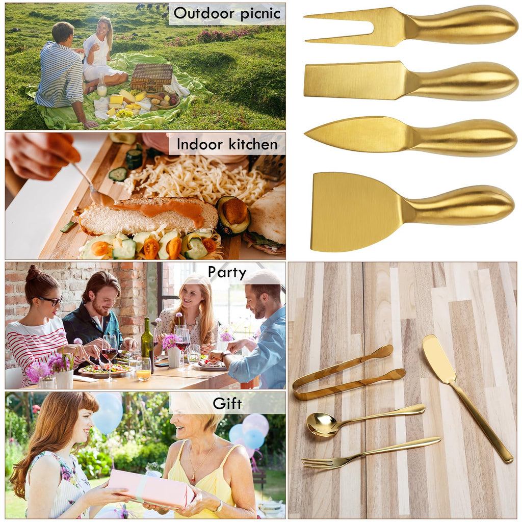 YECERCAN 18 pieces Charcuterie Board Accessories, Gold Stainless Steel Cheese Knives, Butter Knife Spreader, Appetizer Forks, Mini Serving Tongs Spoons for Gathering Wedding Birthday...