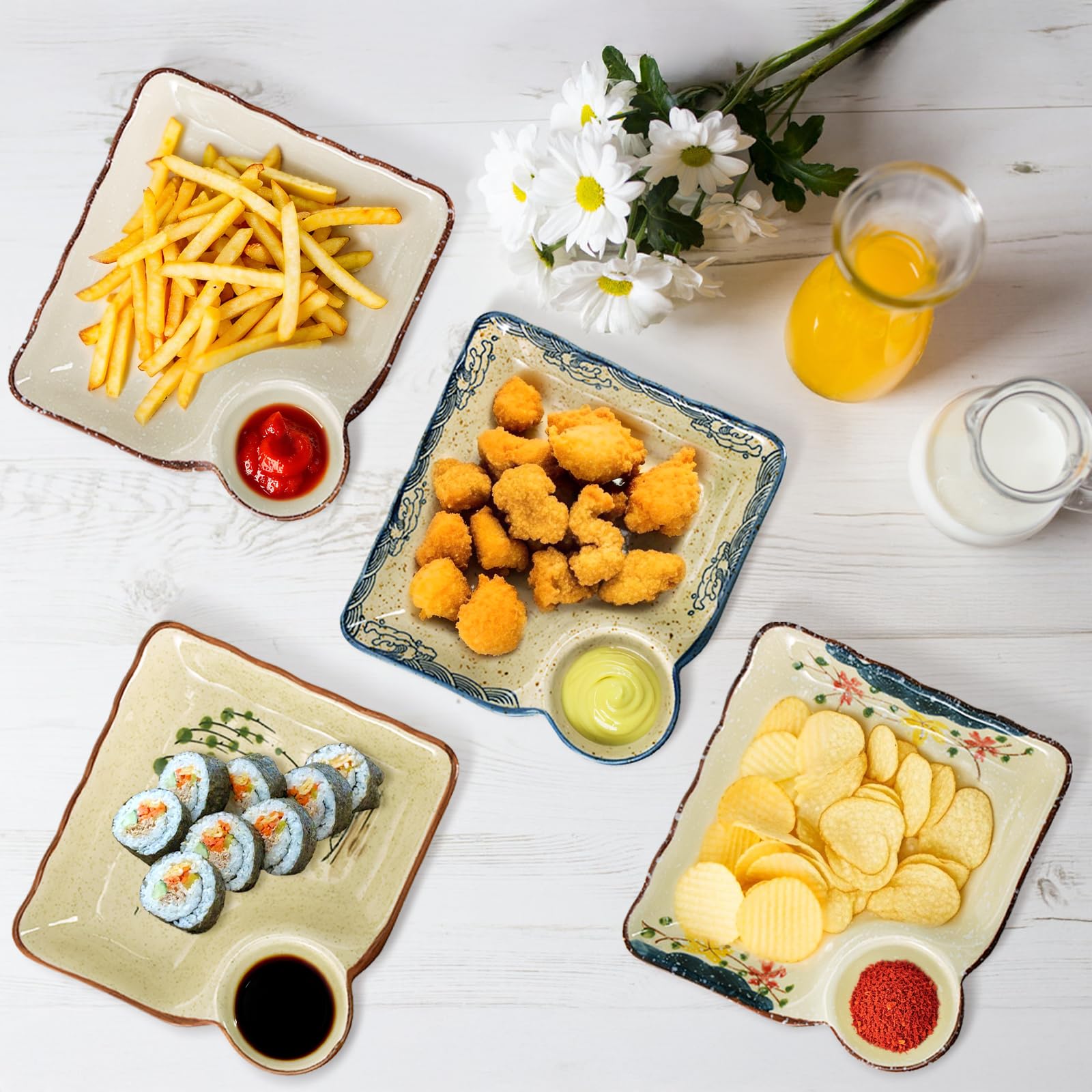 YIMITEE 4 Pack Ceramic Dumpling Plate with Dipping Saucer, 7.3 Inch Japanese Sushi Platter, Chip and Dip Plate, Divided Snack Serving Dish for Appetizer, Charcuterie, Dessert, Salad, Entertainment