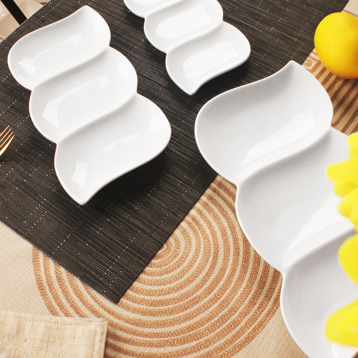 Creativity Home Chip and Dip Serving Set Porcelain Tray Deep Divided Bowl,Set of 4 Divided Platters/Divided Bowls,Lunch&buffet tableware,for Dishwashers,microwaves,ovens safety 10.4 Inch