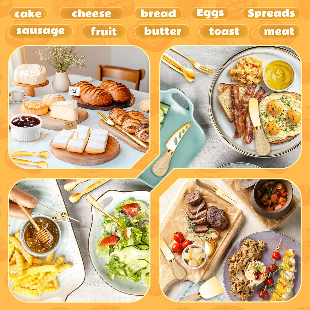 Charcuterie Boards Accessories Gold Charcuterie Utensils 169Pcs Cheese Spreader Knife Set Small Serving Tongs Forks and Spoons Dipping Bowls Honey Dipper Toothpick Flags Cocktail Picks