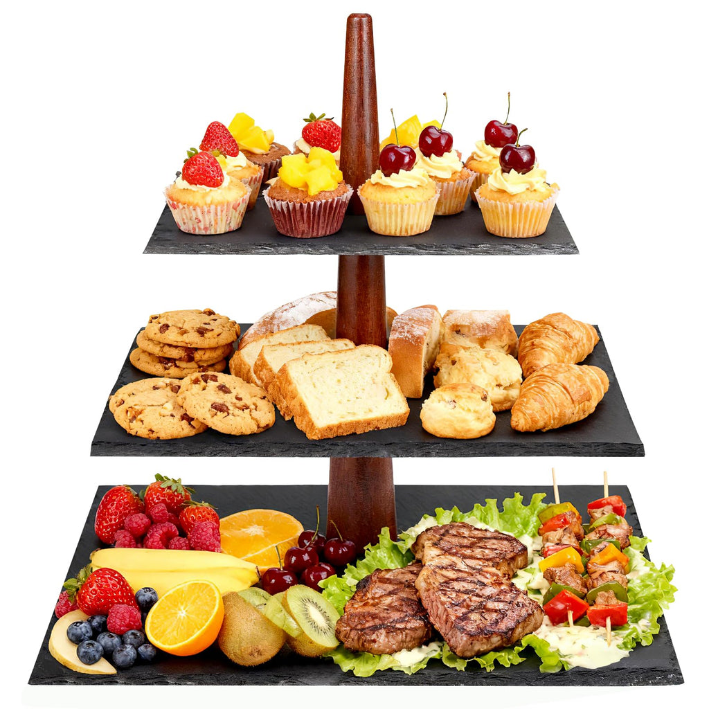 3 Tier Serving Tray Stand, Square Slate & Acacia Wood Tiered Display for Desserts, Appetizers, Cupcakes - Rustic Modern for Weddings, Parties, Christmas