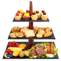 3 Tier Serving Tray Stand, Square Slate & Acacia Wood Tiered Display for Desserts, Appetizers, Cupcakes - Rustic Modern for Weddings, Parties, Christmas