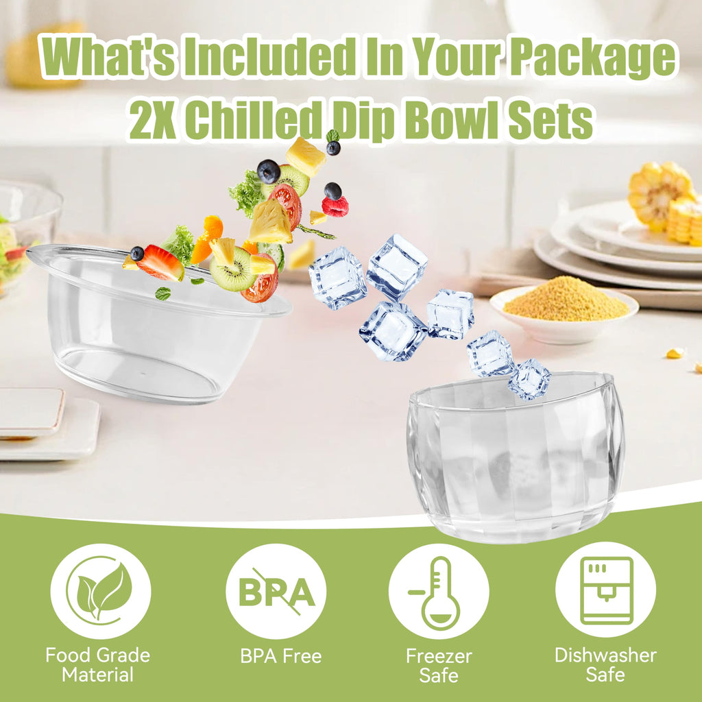 2 Packs Ice Chilled Serving Dip Bowl, Iced Salad Dipping Bowls Set for Parties, Cold Serving Dish for Veggies, Fruit