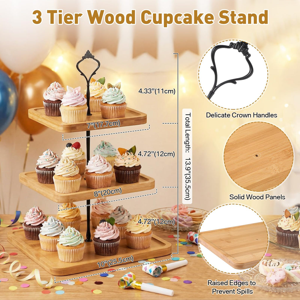 Lallisa 3 Tier Cupcake Stand Wooden Rustic Tiered Serving Tray Square Cupcake Tower Cake Stand Farmhouse Decor Dessert Table Display Set Cookie Candy Buffet Holder for Wedding Home Tea Party Birthday