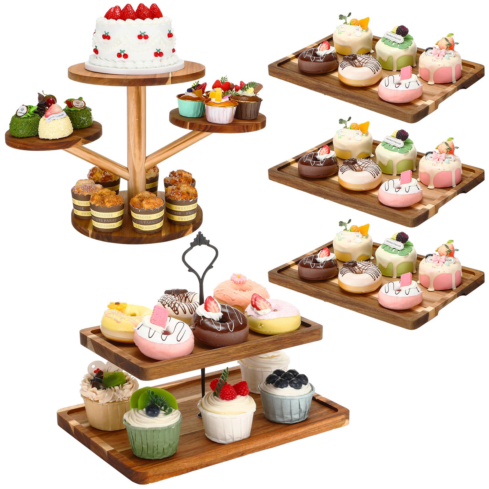Havawish 5 Pcs Wood Dessert Table Display Set, 2 Tier Wooden Cake Stand 4 Tier Cupcake Tower 3 Rectangular Serving Tray Platter for Display Tea Party Wedding Farmhouse