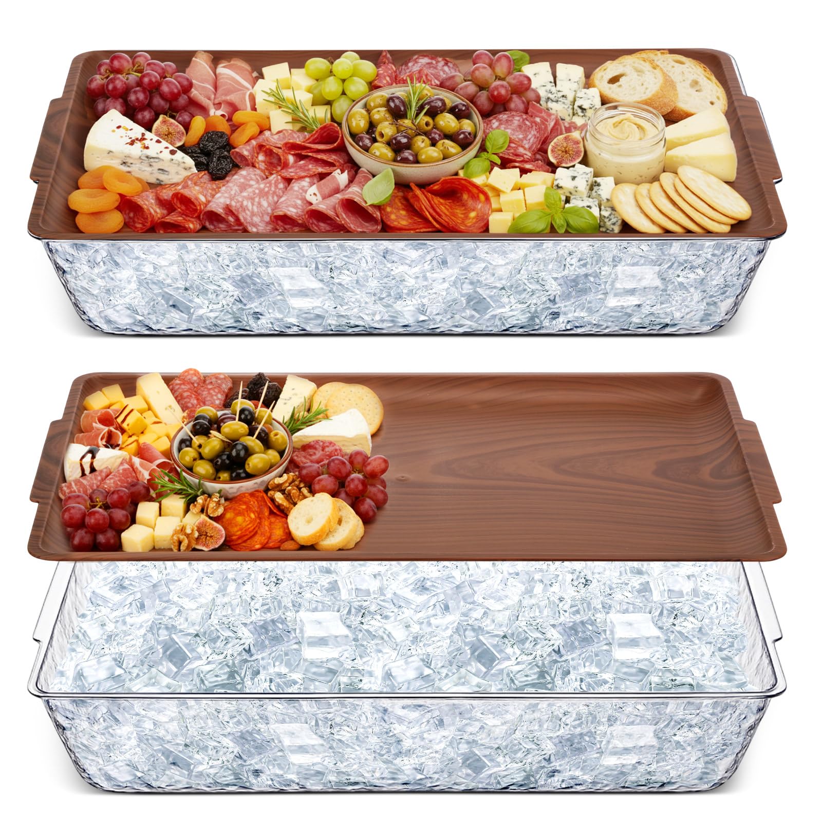 Baderke 2 Set 16" x 9" Plastic Chilled Serving Tray for Parties with Compartments Ice Chilled Party Platter Charcuterie Serving Board Cold Dish Dip for Fruit Seafood Vegetable Appetizer (Wooden Color)