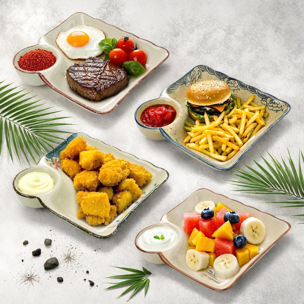 YIMITEE 4 Pack Ceramic Dumpling Plate with Dipping Saucer, 7.3 Inch Japanese Sushi Platter, Chip and Dip Plate, Divided Snack Serving Dish for Appetizer, Charcuterie, Dessert, Salad, Entertainment