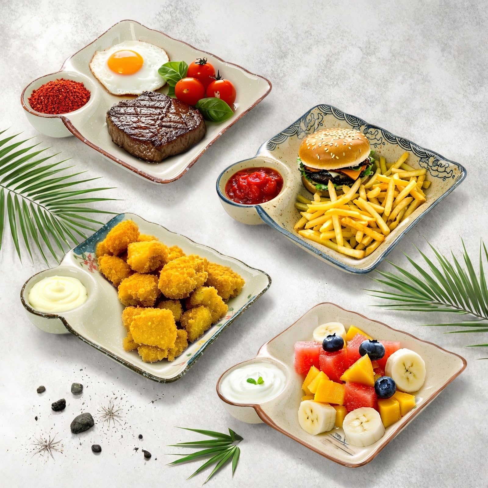 YIMITEE 4 Pack Ceramic Dumpling Plate with Dipping Saucer, 7.3 Inch Japanese Sushi Platter, Chip and Dip Plate, Divided Snack Serving Dish for Appetizer, Charcuterie, Dessert, Salad, Entertainment