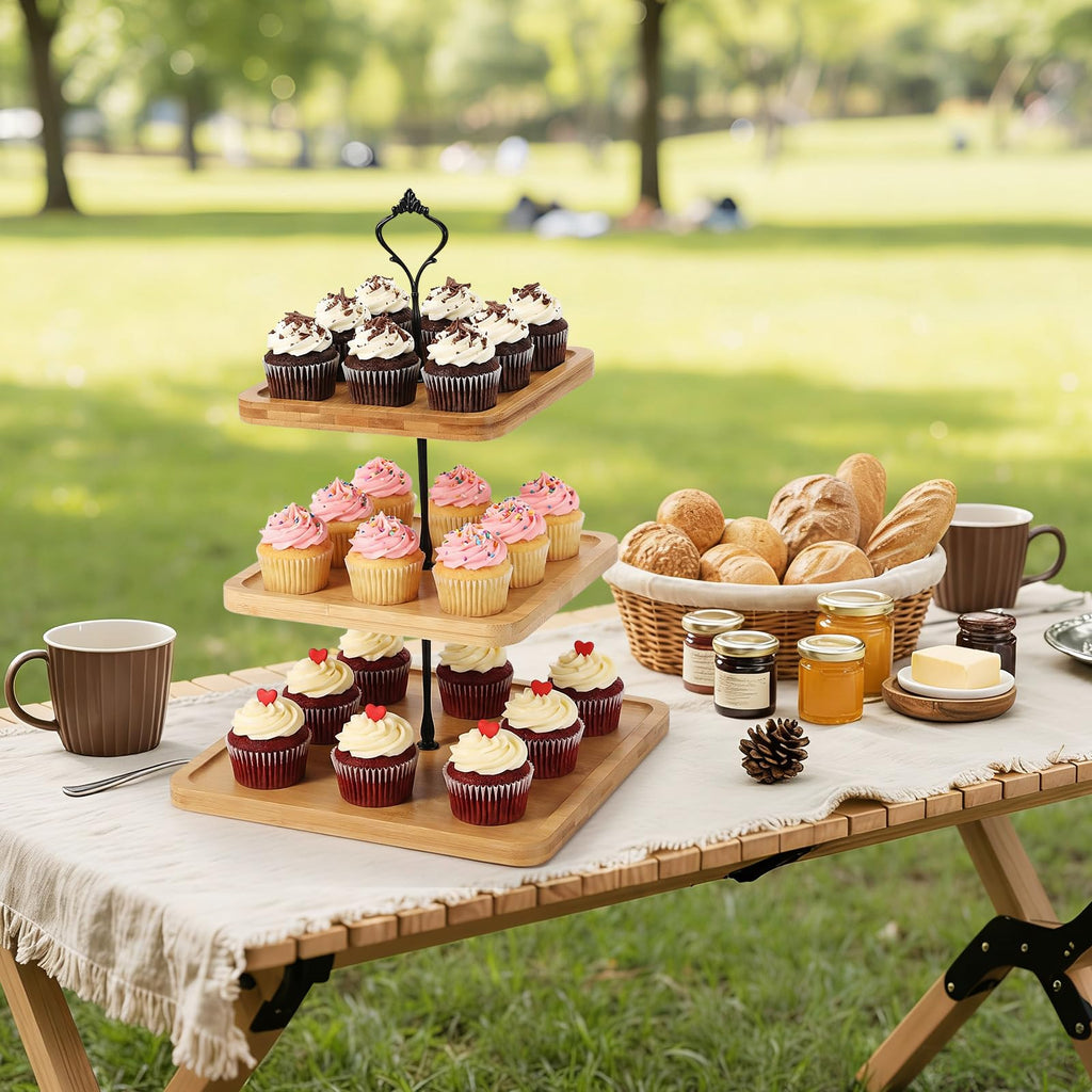 Lallisa 3 Tier Cupcake Stand Wooden Rustic Tiered Serving Tray Square Cupcake Tower Cake Stand Farmhouse Decor Dessert Table Display Set Cookie Candy Buffet Holder for Wedding Home Tea Party Birthday