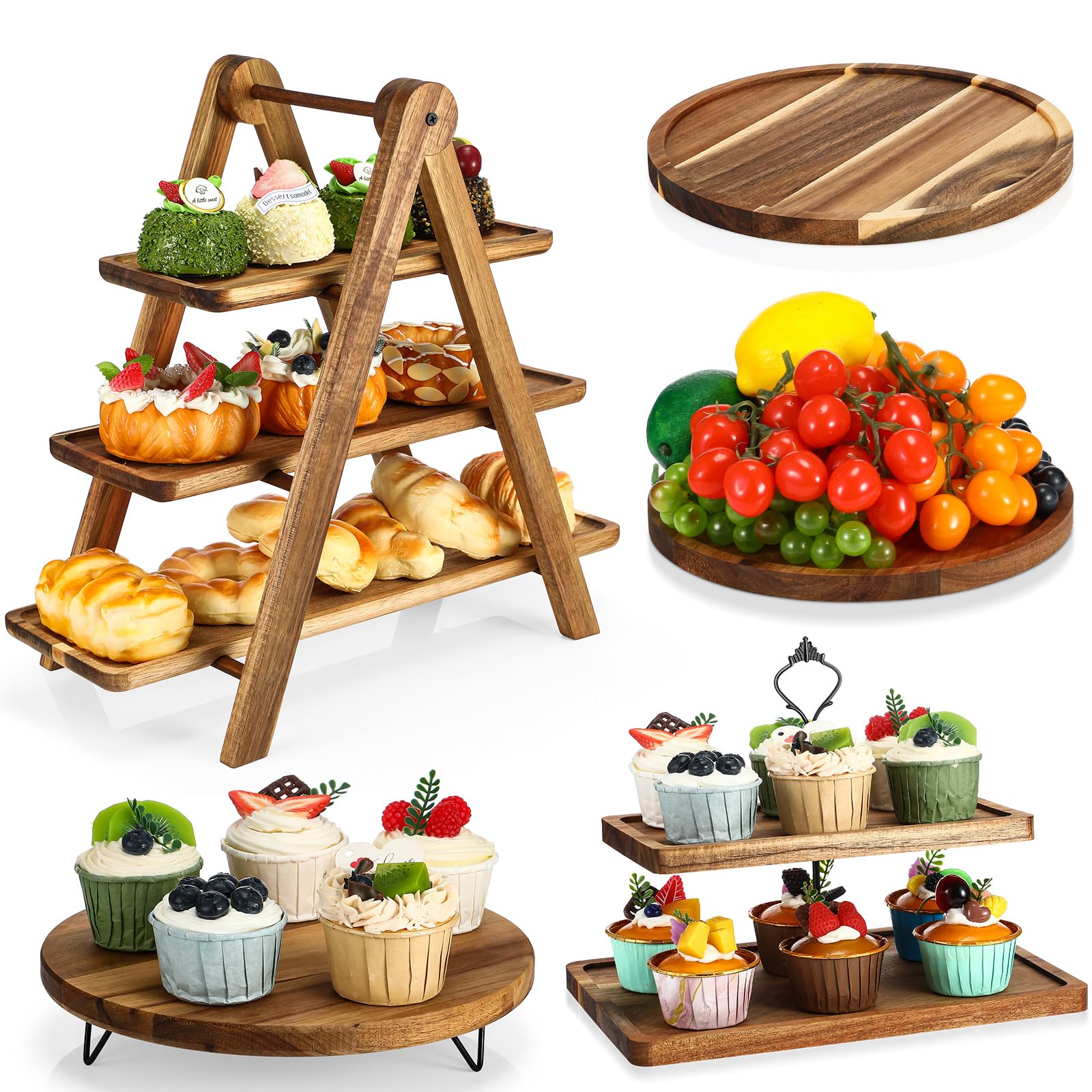 Havawish 5 Pcs Wooden Dessert Table Display Set, Farmhouse 2 Tier Cupcake Stand 3 Tier Wood Cake Tower Round Serving Tray Food Platter for Tea Party Wedding Farmhouse Decoration
