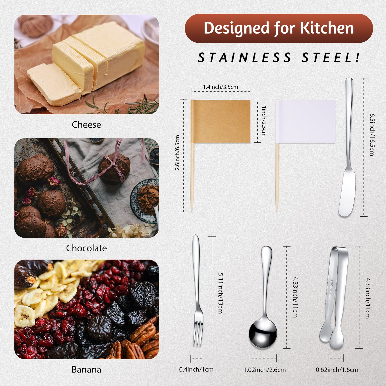 Patelai Charcuterie Boards Accessories Charcuterie Utensils Set Cheese Butter Spreader Knives Stainless Steel Mini Serving Tongs Spoons Forks and Toothpick Flags for Appetizers Pastry(Silver)