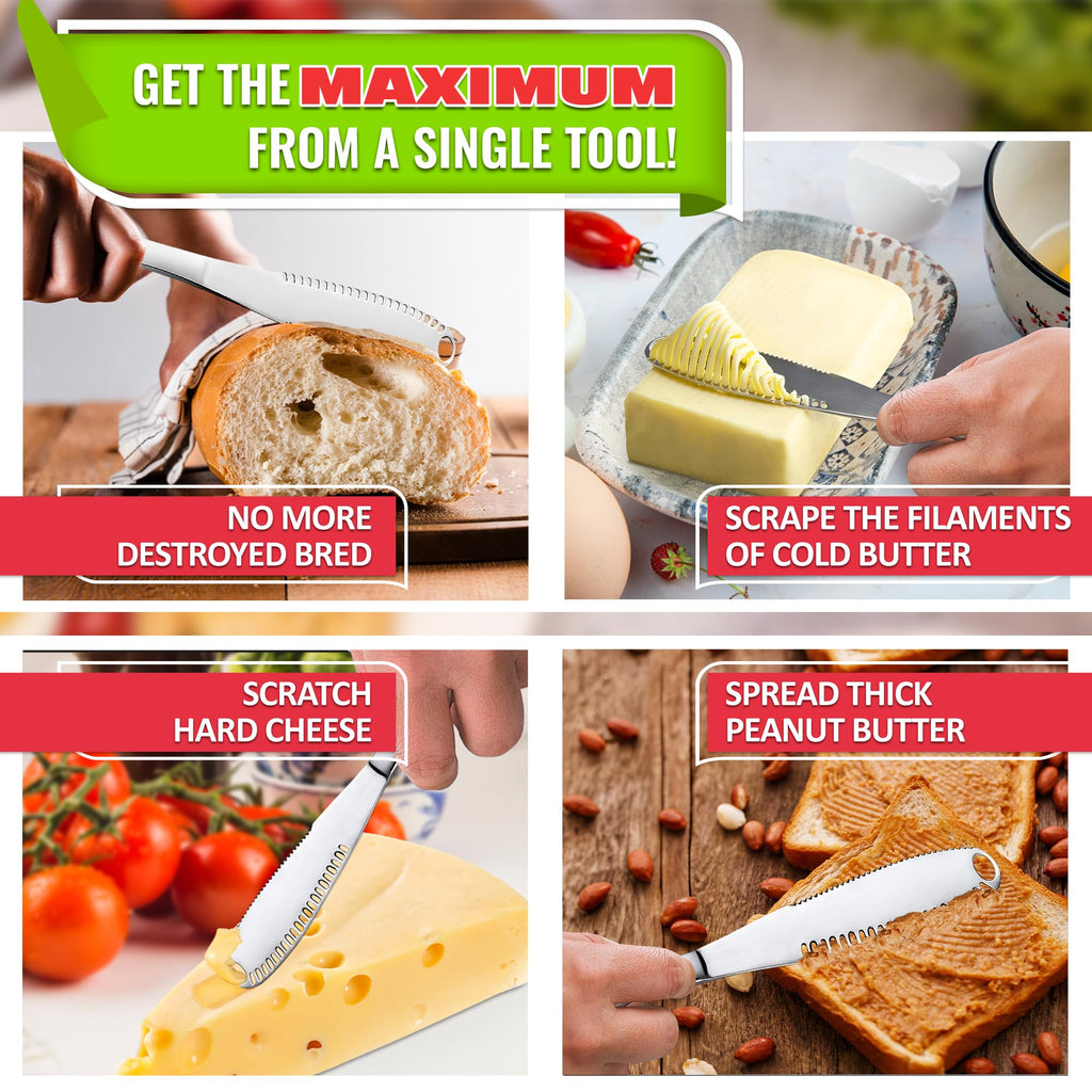 2 PCs Butter Knife Spreader – 3 in 1 Stainless Steel Butter Knives with Grater Blade and Holes for Spreading and Slicing – Cheese Spreader Knives with Corrosion-Resistant Finish and Easy-Grip Handle