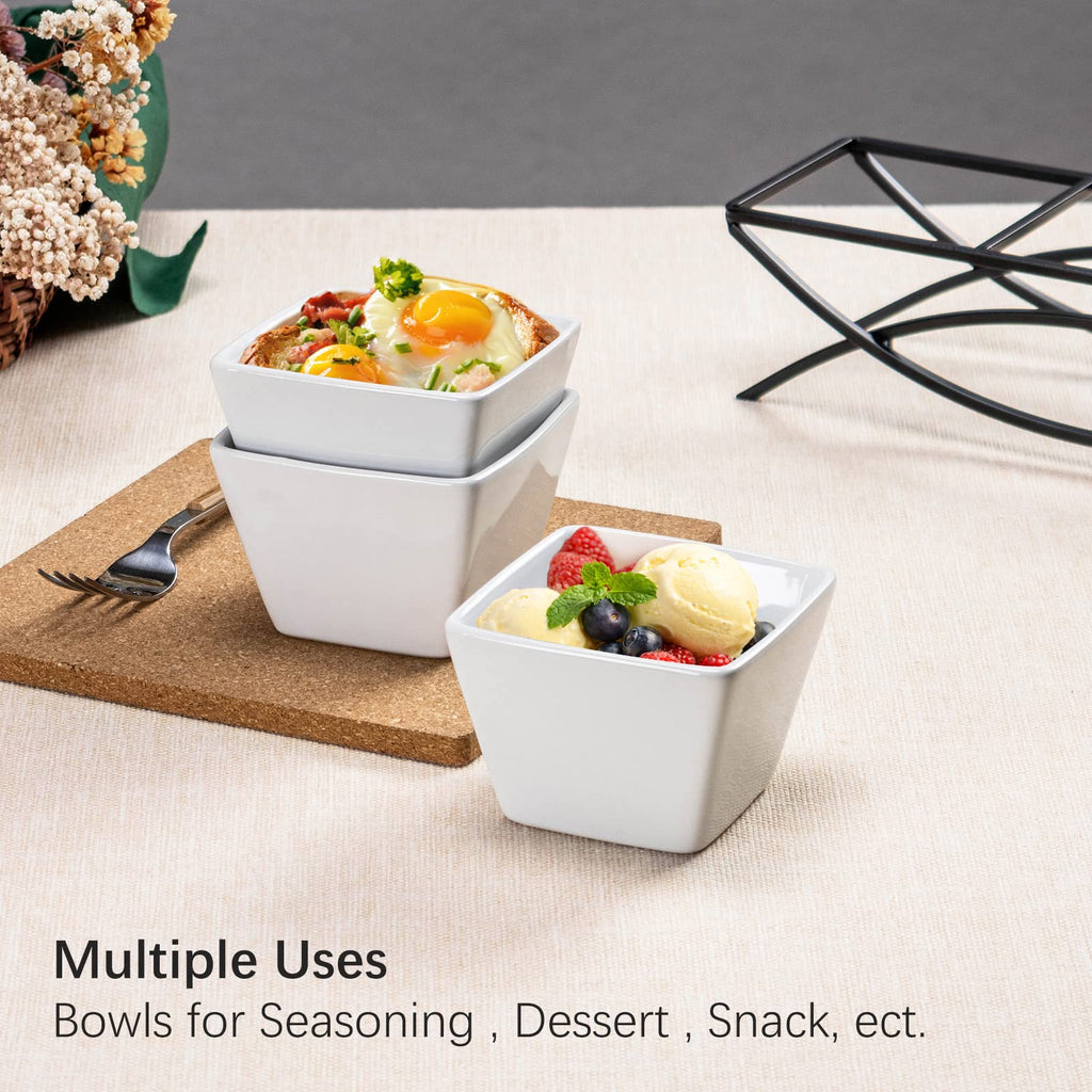 UNICASA Square Ramekin Bowls 10 oz, Condiment Serving Tray with Metal Rack Stand - Chips and Dips Snack Tray for Party - White Side Dish for Appetizer, Fruit, Nuts, Ice Cream, Candy