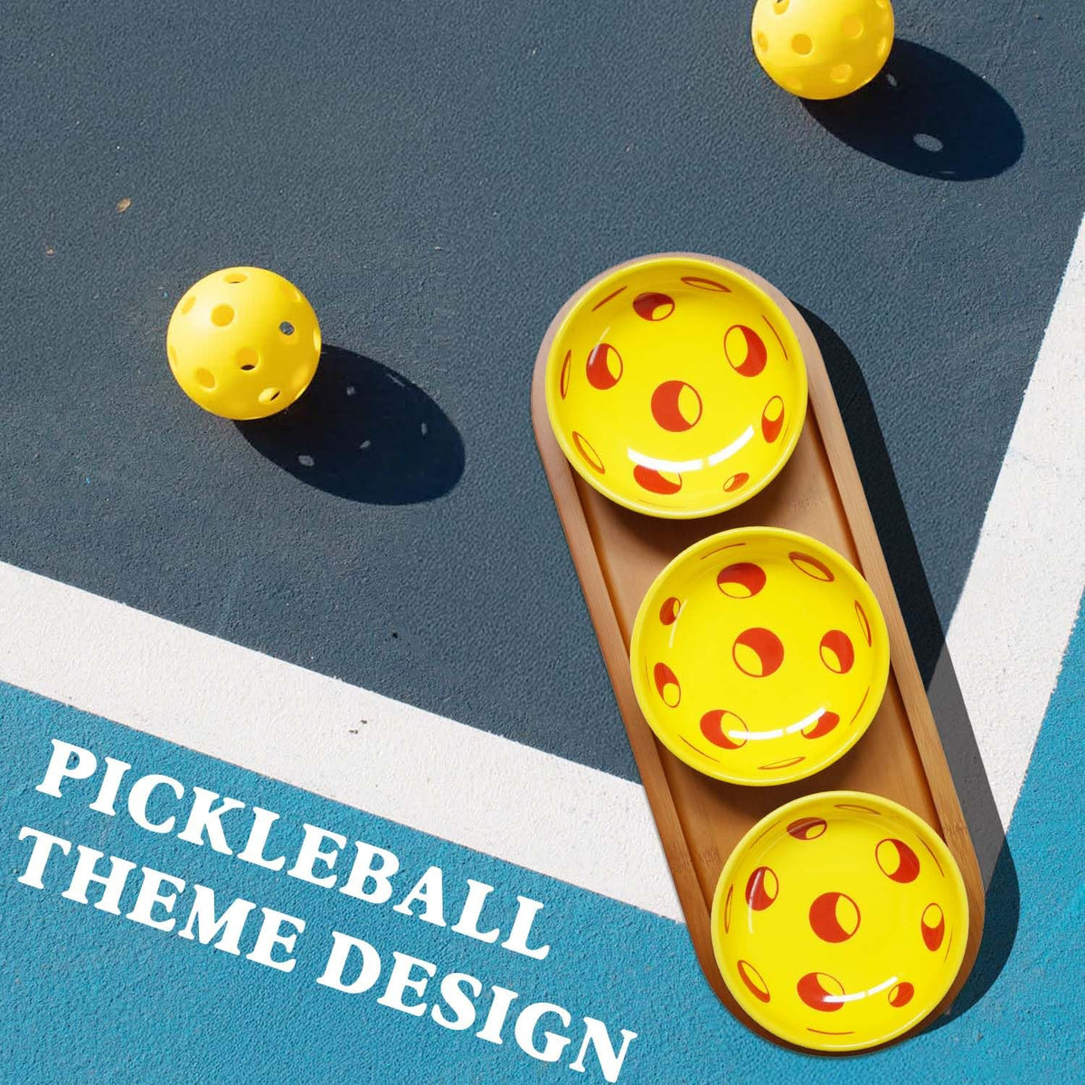 DWATAN Pickleball Snack Serving Tray, Pickleball Lover Gifts for Women Men, Ceramic Dipping Bowls with Wood Charcuterie Board, Birthday Party Decoration Accessories for Taco Sauce, Dessert, Salsa