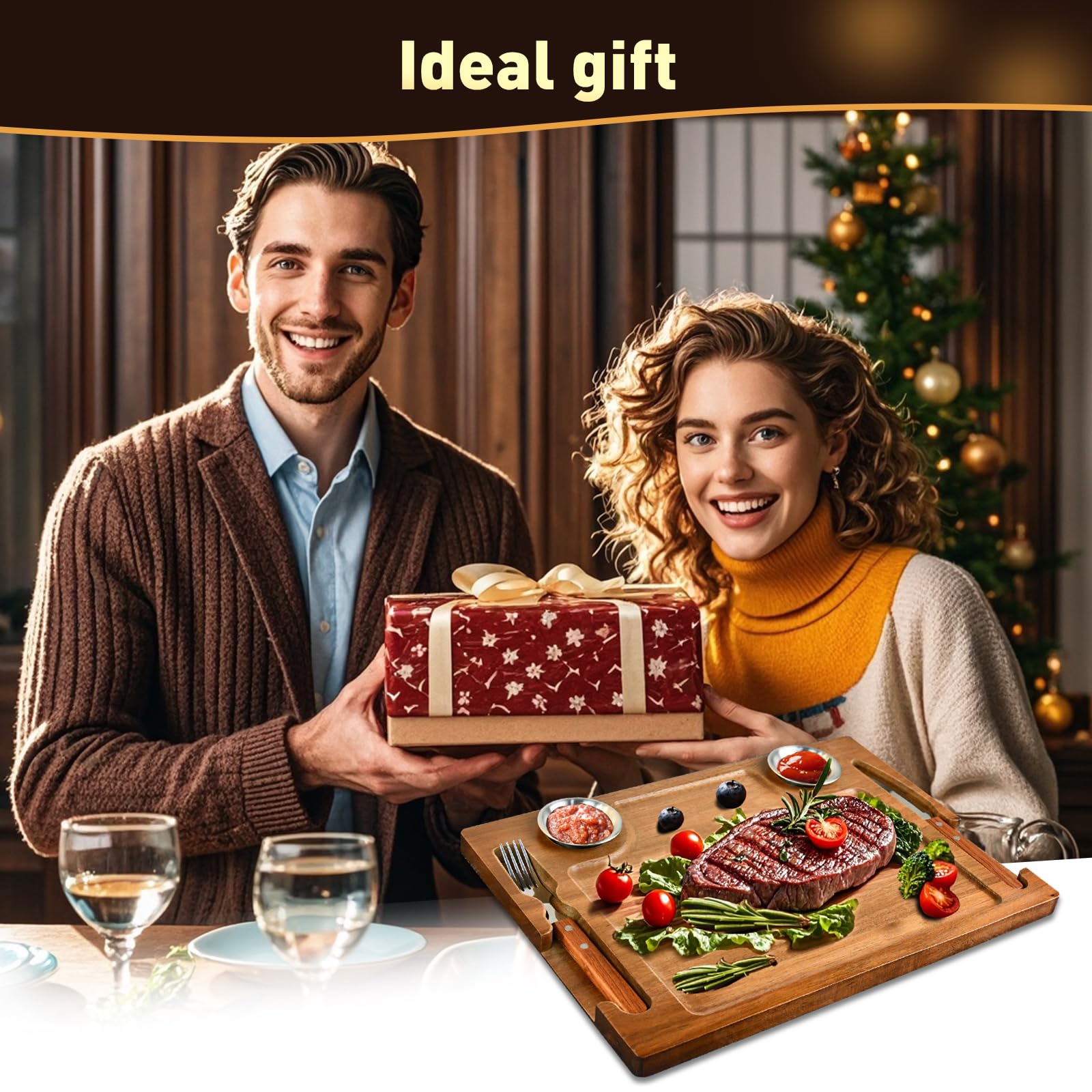 2 Set Acacia Wood Steak Plates Board Set for Eating, Meat Cutting Boards for Steak Food Serving Tray with Fork, Knife & Ramekins,Charcuterie Platter for Family Dinners, BBQ,Parties & Entertaining