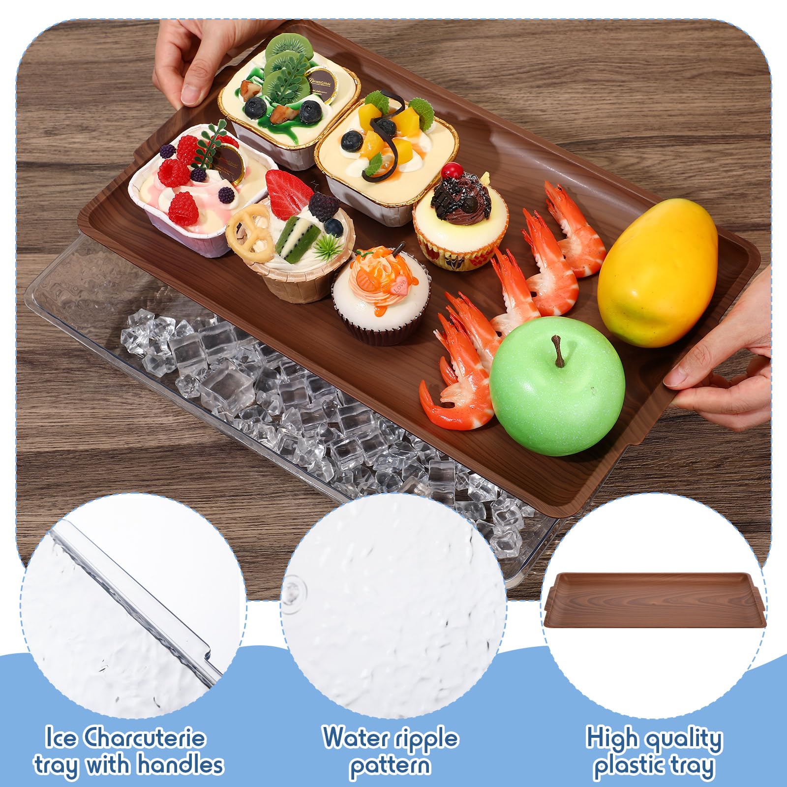Baderke 2 Set 16" x 9" Plastic Chilled Serving Tray for Parties with Compartments Ice Chilled Party Platter Charcuterie Serving Board Cold Dish Dip for Fruit Seafood Vegetable Appetizer (Wooden Color)