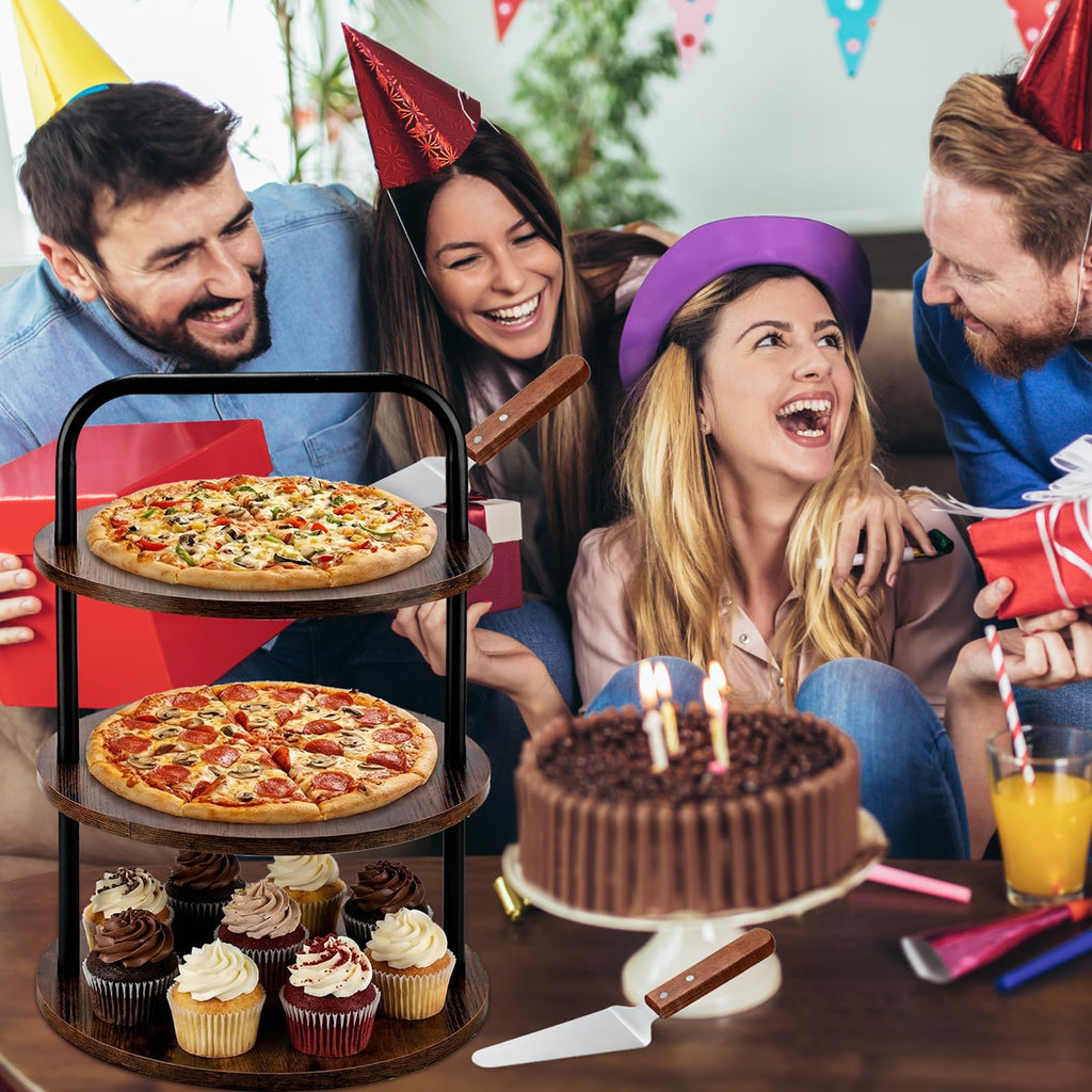 Teecyhooo 4 Pcs Wooden Pizza Stands Tiered Serving Tray Stand with 3 Pizza Servers for Pie Cupcake Dessert Cheese Party Restaurant