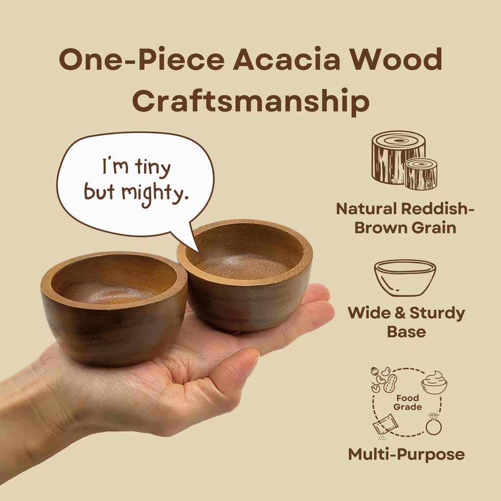 gwynth Small Round Acacia Wood Bowls 8 Pcs, 2.8" Diameter Hand Carved Wooden Bowl Set for Dipping Sauce, Salsa, Prep, Salt, Condiments, Charcuterie board accessories
